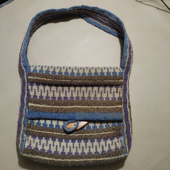 Handwoven Wool Shoulder Bag Blue White Brown Stripes Wood Button Closure Vintage - Picture 7 of 9